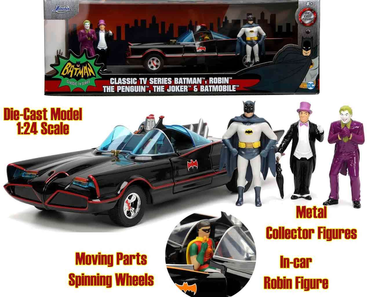 SIMBA TOYS - Batman 1966 - Batmobile With Batman, Robin, Joker & The Penguin - 1:24 Die-cast Model Deluxe Edition